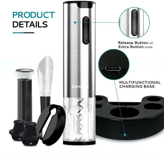 Alt view image 2 of 7 - Electric Wine Opener with Charging Base, Wine Aerator Pourer and Foil Cutter, Stainless Steel Automatic Corkscrew Opener with Wine Vacuum Stopper, Fine Set for Wine Lovers