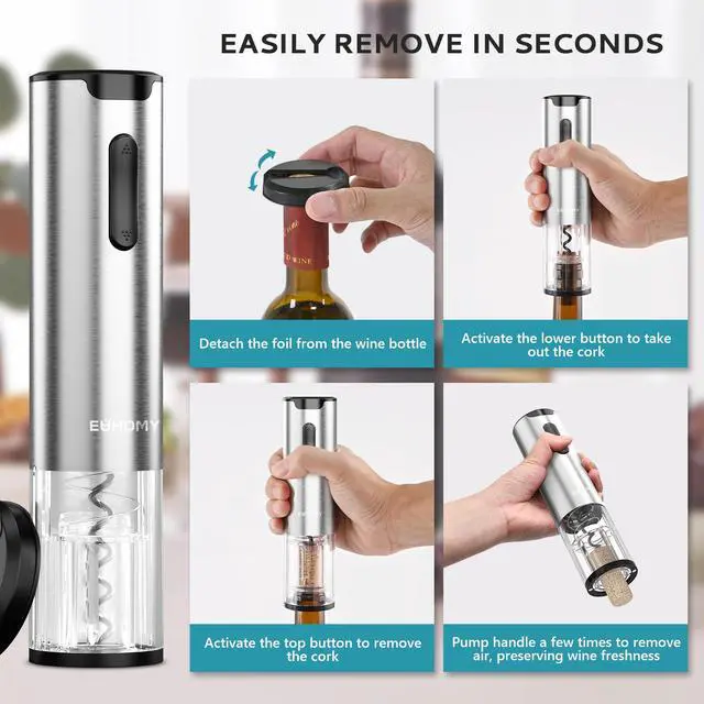 Alt view image 4 of 7 - Electric Wine Opener with Charging Base, Wine Aerator Pourer and Foil Cutter, Stainless Steel Automatic Corkscrew Opener with Wine Vacuum Stopper, Fine Set for Wine Lovers