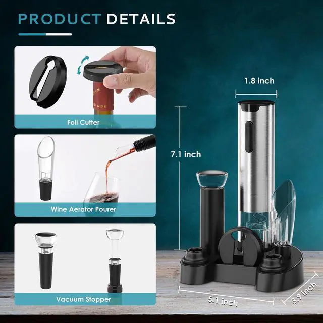 Alt view image 3 of 7 - Electric Wine Opener with Charging Base, Wine Aerator Pourer and Foil Cutter, Stainless Steel Automatic Corkscrew Opener with Wine Vacuum Stopper, Fine Set for Wine Lovers
