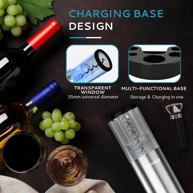Alt view image 6 of 7 - Electric Wine Opener with Charging Base, Wine Aerator Pourer and Foil Cutter, Stainless Steel Automatic Corkscrew Opener with Wine Vacuum Stopper, Fine Set for Wine Lovers