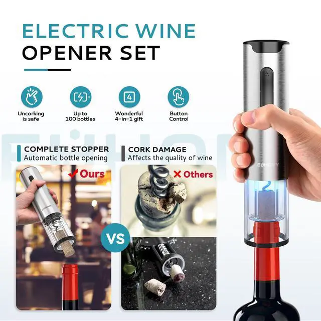 Alt view image 5 of 7 - Electric Wine Opener with Charging Base, Wine Aerator Pourer and Foil Cutter, Stainless Steel Automatic Corkscrew Opener with Wine Vacuum Stopper, Fine Set for Wine Lovers