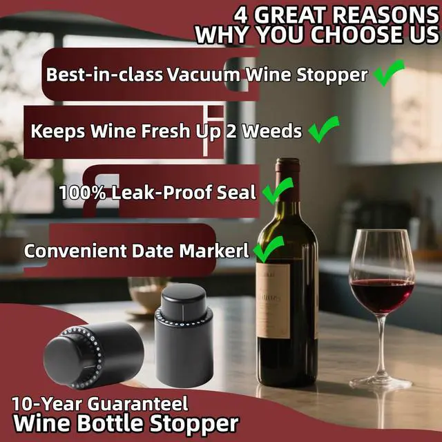 Alt view image 2 of 6 - Wine Pump Vacuum Stoppers 2 Pack Reusable Vacuum Sealer with Adjustable Date Dial ABS+Food Grade Silicone Air Tight Preserver for Red White Wine Extends Freshness 10 Days Ideal Gift for Wine Lovers