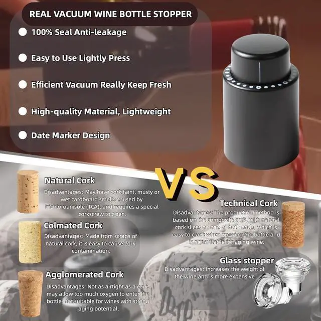 Alt view image 3 of 6 - Wine Pump Vacuum Stoppers 2 Pack Reusable Vacuum Sealer with Adjustable Date Dial ABS+Food Grade Silicone Air Tight Preserver for Red White Wine Extends Freshness 10 Days Ideal Gift for Wine Lovers