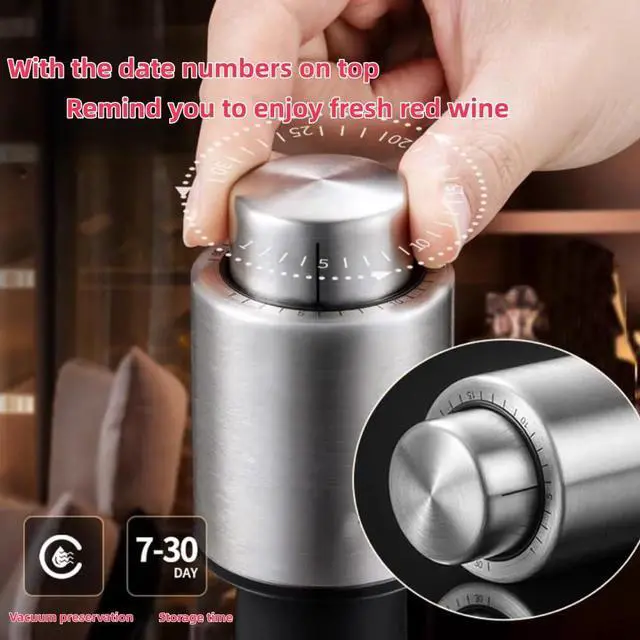 Alt view image 3 of 7 - Wine Bottle Stoppers,Stainless Steel Vacuum Wine Stopper,Reusable Wine Preserver Savers with Time Scale Record, Keep Wine Really Fresh,Best Christmas and Birthday Gifts for Wine Lovers