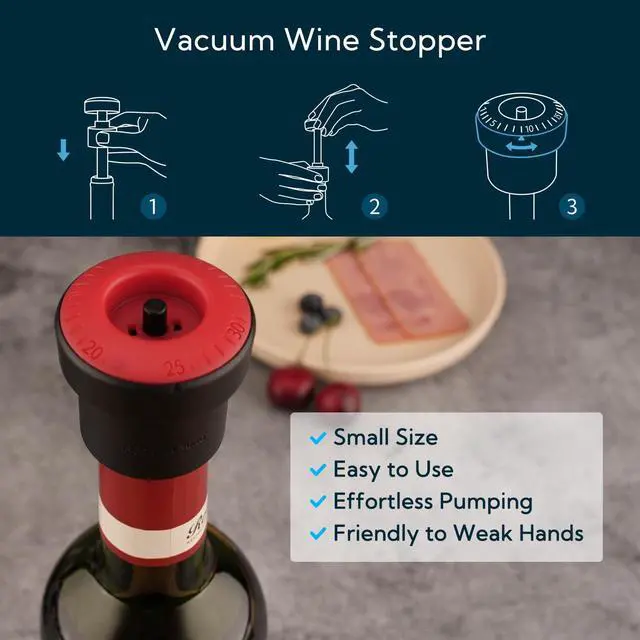 Alt view image 6 of 7 - 2-in-1 Vacuum Wine Stopper, Built-in Wine Saver Pump with Date Marker, Wine Sealer Corks to Keep Fresh, Reusable Wine Preserver, Easy to Release, Set of 2