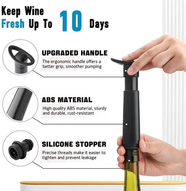 Alt view image 2 of 7 - Wine Vacuum Pump with 4 Stoppers, Wine Saver & Preserver, Food Grade Silicone Stoppers, Reusable Air Remover Pump for Standard Wine Bottles - Keeps Wine Fresh Longer
