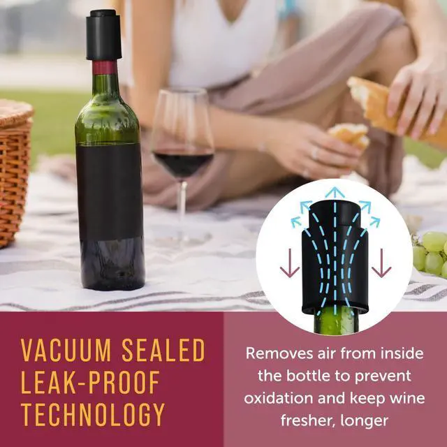 Alt view image 3 of 7 - Vacuum Wine Stopper - Leak-Proof Bottle Stopper & Preserver - Vacuum Sealer & Wine Pump for Freshness & Flavor - Date Indicator & Bottle Sealer - Black, Pack of 4
