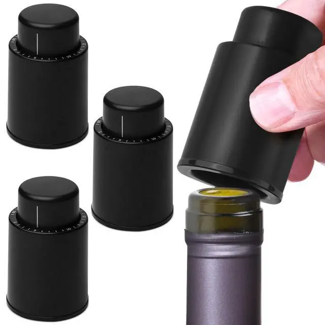 Main image of Vacuum Wine Stopper - Leak-Proof Bottle Stopper & Preserver - Vacuum Sealer & Wine Pump for Freshness & Flavor - Date Indicator & Bottle Sealer - Black, Pack of 4