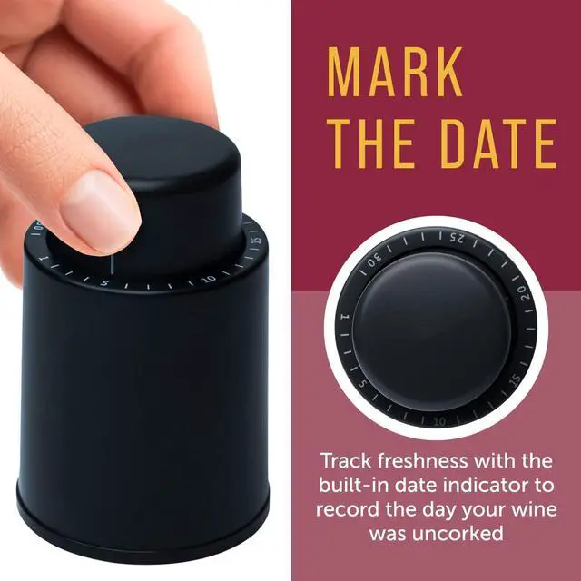 Alt view image 5 of 7 - Vacuum Wine Stopper - Leak-Proof Bottle Stopper & Preserver - Vacuum Sealer & Wine Pump for Freshness & Flavor - Date Indicator & Bottle Sealer - Black, Pack of 4