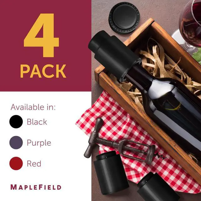 Alt view image 7 of 7 - Vacuum Wine Stopper - Leak-Proof Bottle Stopper & Preserver - Vacuum Sealer & Wine Pump for Freshness & Flavor - Date Indicator & Bottle Sealer - Black, Pack of 4