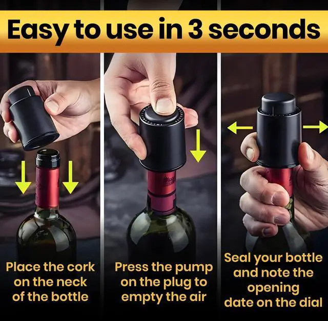 Alt view image 4 of 6 - Wine Bottle Stopper with Vacuum Pump Reusable Wine Saver That Preserves Freshness for Days Universal Fit Wine Preserver, Bar & Kitchen Accessory