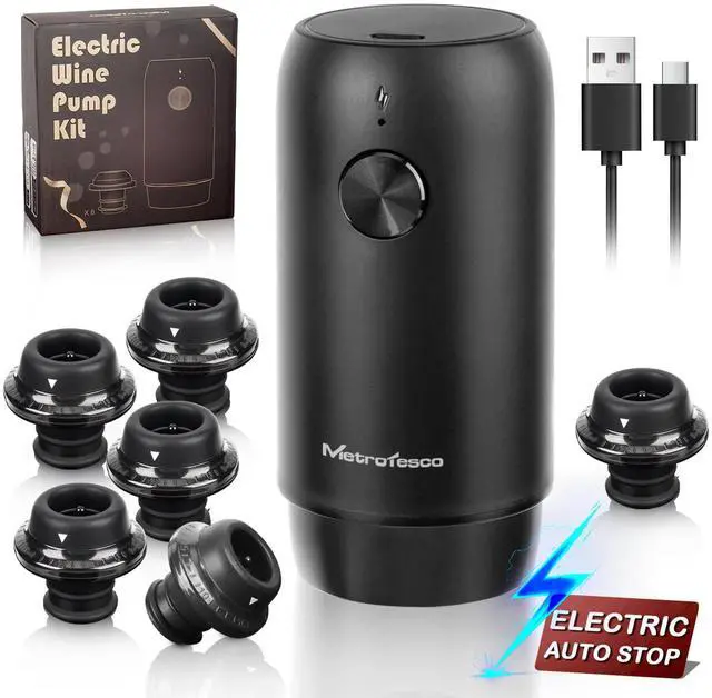 Main image of Electric Wine saver pump with 6 wine stoppers vacuum, wine preserver keep Your Wine Fresh for up to 10 Days, USB-C Rechargeable, 1 Pump 6 Stoppers Best Gifts for Wine Lovers, Black