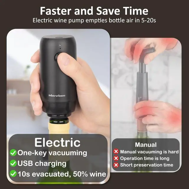 Alt view image 2 of 7 - Electric Wine saver pump with 6 wine stoppers vacuum, wine preserver keep Your Wine Fresh for up to 10 Days, USB-C Rechargeable, 1 Pump 6 Stoppers Best Gifts for Wine Lovers, Black