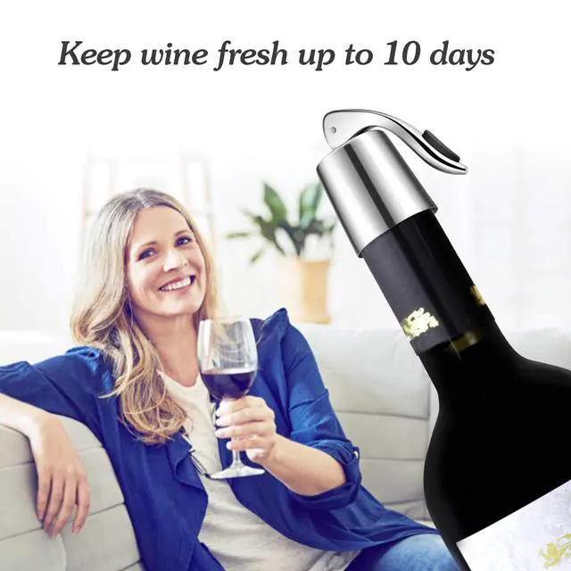 Alt view image 3 of 7 - Wine Stoppers Set of 2 - Stainless Steel Wine Bottle Stopper with Silicone Seal, Reusable Beverage Preserver, Freshness Keeper, Premium Bottle Sealers, Ideal Wine Saver Accessory Gift Set