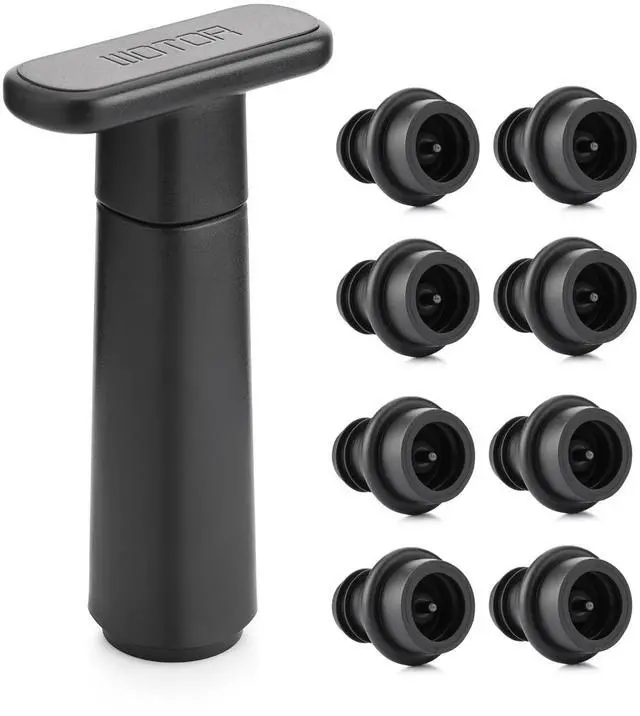 Main image of Wine Saver Vacuum Pump with 8 Stoppers, Wine Stopper & Preserver, Reusable Bottle Sealer Keeps Fresh, Ideal Accessories Gift (Flat Handle)