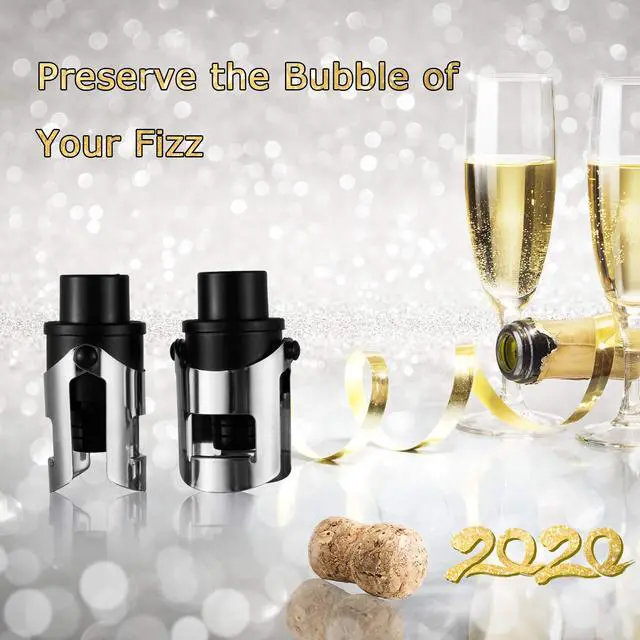 Alt view image 2 of 7 - 2-Pack Champagne Stoppers Wine Saver, Sparkling Wine Vaccum Stoppers with Built-in Pump for Champagne, Prosecco and Cava - Stainless Steel + ABS Champagne Bottle Stoppers, Black