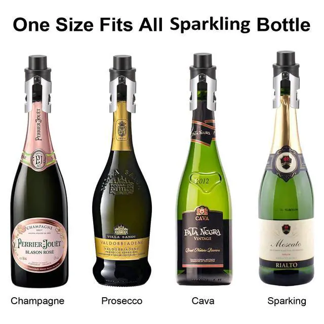 Alt view image 5 of 7 - 2-Pack Champagne Stoppers Wine Saver, Sparkling Wine Vaccum Stoppers with Built-in Pump for Champagne, Prosecco and Cava - Stainless Steel + ABS Champagne Bottle Stoppers, Black