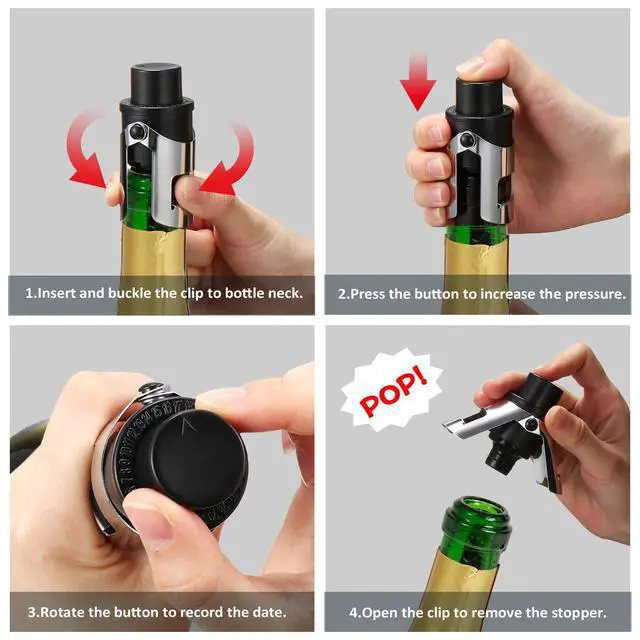 Alt view image 6 of 7 - 2-Pack Champagne Stoppers Wine Saver, Sparkling Wine Vaccum Stoppers with Built-in Pump for Champagne, Prosecco and Cava - Stainless Steel + ABS Champagne Bottle Stoppers, Black