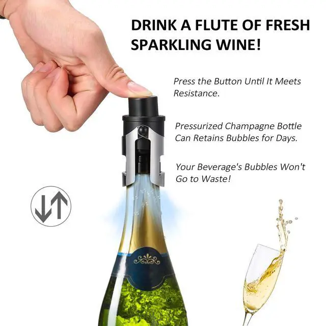 Alt view image 3 of 7 - 2-Pack Champagne Stoppers Wine Saver, Sparkling Wine Vaccum Stoppers with Built-in Pump for Champagne, Prosecco and Cava - Stainless Steel + ABS Champagne Bottle Stoppers, Black