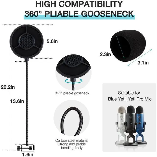 Alt view image 5 of 7 - Blue Yeti Pop Filter Foam Windscreen - 5.5 Inch Diam 6 Layers Pop Filter for Mic Cover Yeti Pop Screen Compatible with Blue Yeti Microphone Professional Metal Pop Filter by YOUSHARES