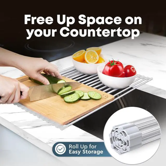 Alt view image 4 of 7 - Over The Sink Dish Drying Rack, Roll Up Heavy Duty Stainless Steel Design for Easy Storage & Durability | Dishwasher Safe 17.5 x 12.5