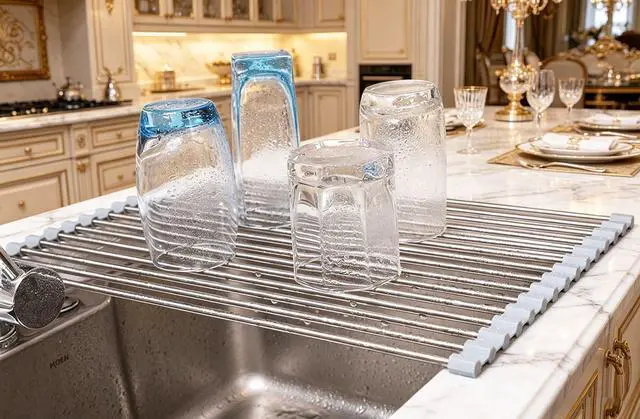 Alt view image 5 of 7 - Roll up Dish Drying Rack Over The Sink Kitchen Roll up Sink Drying Rack Portable Dish Drainer Foldable Dish Drying Rack (Warm Gray, 17.8''X11.8'')