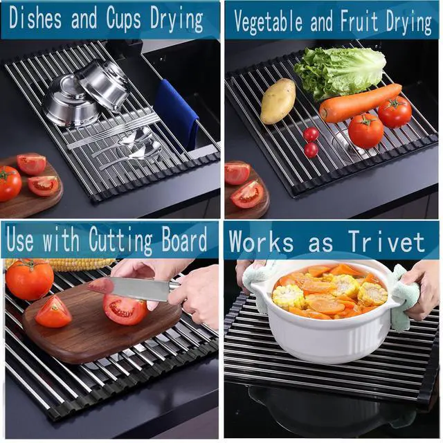 Alt view image 3 of 7 - Roll Up Dish Drying Rack Over Sink, SUS304 Stainless Steel, Foldable 18-Tube Design, Gray, 13.8 x 17.7 Inch (Black, Large)