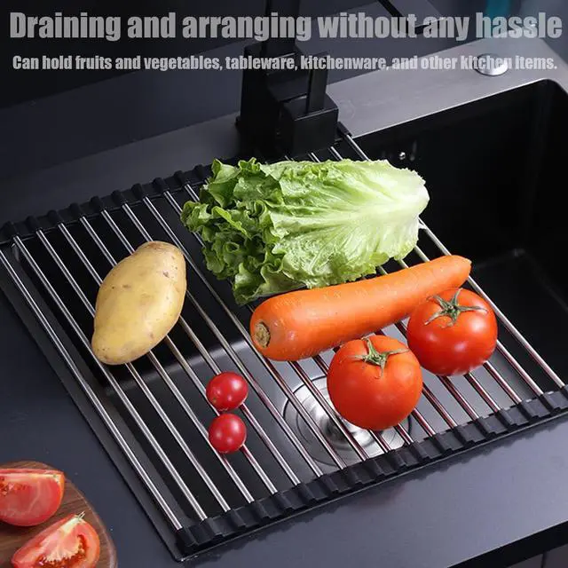 Alt view image 4 of 7 - Roll Up Dish Drying Rack Over Sink, SUS304 Stainless Steel, Foldable 18-Tube Design, Gray, 13.8 x 17.7 Inch (Black, Large)
