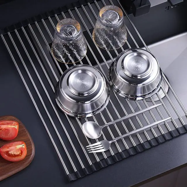 Alt view image 5 of 7 - Roll Up Dish Drying Rack Over Sink, SUS304 Stainless Steel, Foldable 18-Tube Design, Gray, 13.8 x 17.7 Inch (Black, Large)