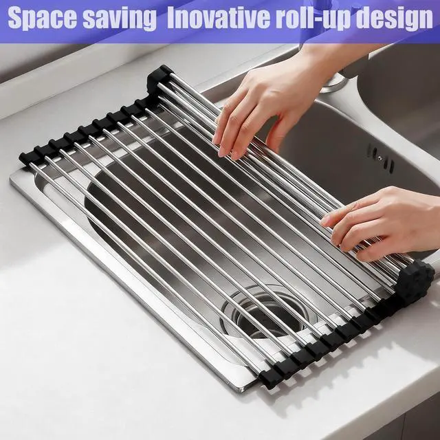 Alt view image 7 of 7 - Roll Up Dish Drying Rack Over Sink, SUS304 Stainless Steel, Foldable 18-Tube Design, Gray, 13.8 x 17.7 Inch (Black, Large)
