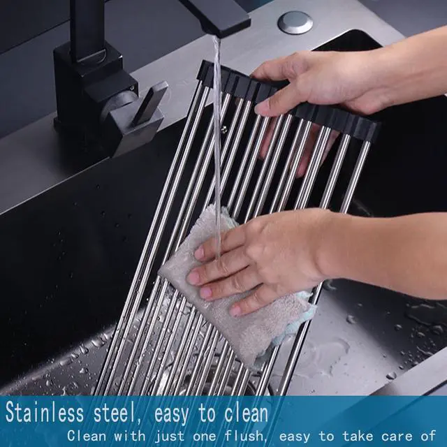 Alt view image 6 of 7 - Roll Up Dish Drying Rack Over Sink, SUS304 Stainless Steel, Foldable 18-Tube Design, Gray, 13.8 x 17.7 Inch (Black, Large)