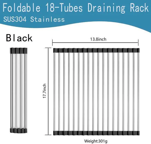 Alt view image 2 of 7 - Roll Up Dish Drying Rack Over Sink, SUS304 Stainless Steel, Foldable 18-Tube Design, Gray, 13.8 x 17.7 Inch (Black, Large)
