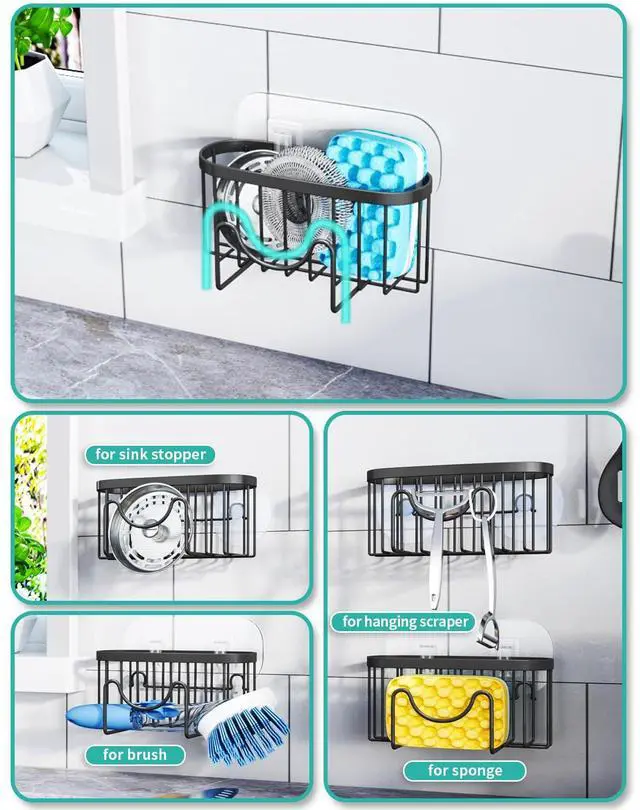 Alt view image 2 of 7 - Multifunctional Sponge Holder with Unique M-Shaped, 2 Installation Methods Kitchen Sink Caddy Organizer, Rustproof Stainless Steel Kitchen Organizers and Storage Essentials - Black