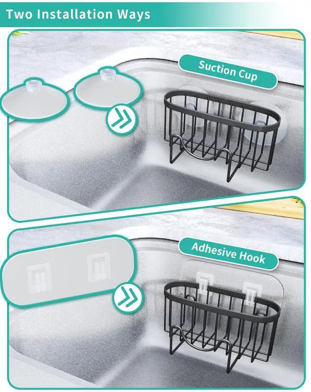 Alt view image 4 of 7 - Multifunctional Sponge Holder with Unique M-Shaped, 2 Installation Methods Kitchen Sink Caddy Organizer, Rustproof Stainless Steel Kitchen Organizers and Storage Essentials - Black