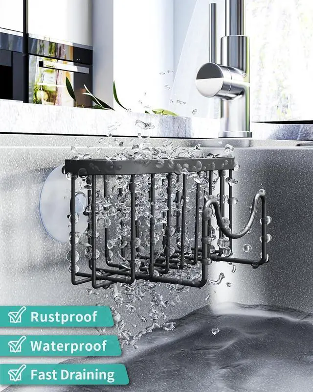 Alt view image 5 of 7 - Multifunctional Sponge Holder with Unique M-Shaped, 2 Installation Methods Kitchen Sink Caddy Organizer, Rustproof Stainless Steel Kitchen Organizers and Storage Essentials - Black