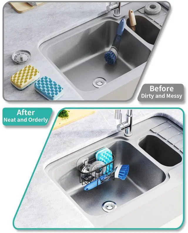 Alt view image 6 of 7 - Multifunctional Sponge Holder with Unique M-Shaped, 2 Installation Methods Kitchen Sink Caddy Organizer, Rustproof Stainless Steel Kitchen Organizers and Storage Essentials - Black