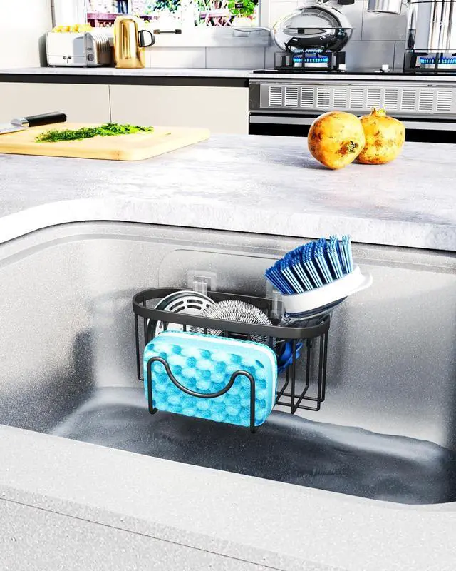 Alt view image 7 of 7 - Multifunctional Sponge Holder with Unique M-Shaped, 2 Installation Methods Kitchen Sink Caddy Organizer, Rustproof Stainless Steel Kitchen Organizers and Storage Essentials - Black