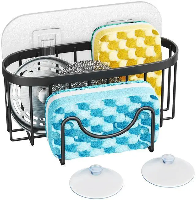 Main image of Multifunctional Sponge Holder with Unique M-Shaped, 2 Installation Methods Kitchen Sink Caddy Organizer, Rustproof Stainless Steel Kitchen Organizers and Storage Essentials - Black