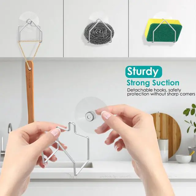 Alt view image 3 of 7 - 2 PCS Sponge Holders for Kitchen Sink, Stainless Steel Sponge Rack with Suction Cup, Rustproof Brushed SUS304 Sponge Caddy Organizer, Space-Saving Counter Organizer