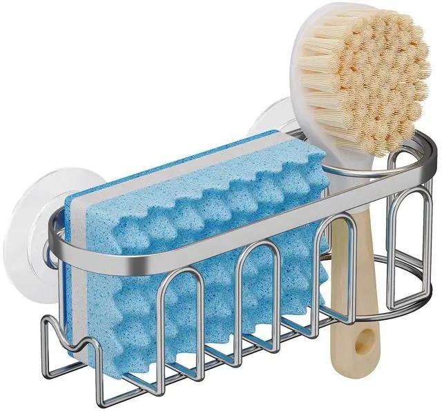 Main image of Sink Caddy Sponge Holder for Kitchen Sink 2 Suspension Options(Suction Cups and Adhesive Hook), SUS304 Stainless Steel, Silver