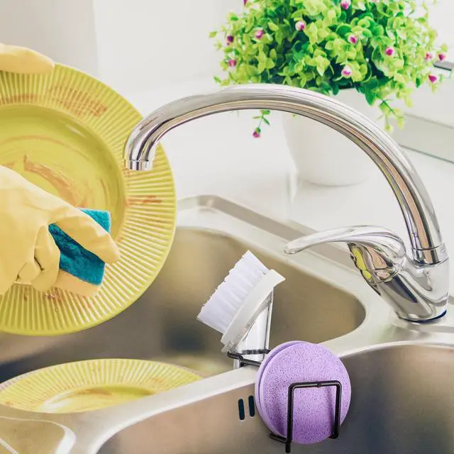 Alt view image 7 of 7 - 2 Pieces 2-in-1 Sink Sponge Holder Stainless Steel Dish Wand Brush Holder No Drilling Kitchen Rustproof Sink Caddy Organizer, Hanging Scrubber Storage Rack for Soap Brush