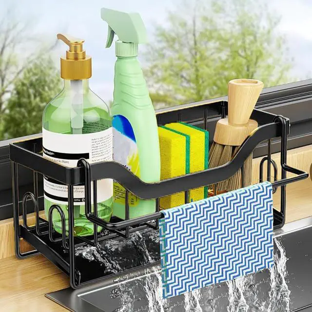 Main image of Kitchen Sink Organizer Stainless Steel Sponge Holder with Automatic Drainage Tray and Detachable Rag Rack