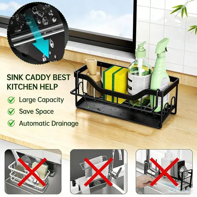 Alt view image 2 of 6 - Kitchen Sink Organizer Stainless Steel Sponge Holder with Automatic Drainage Tray and Detachable Rag Rack