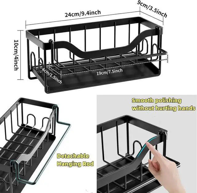 Alt view image 3 of 6 - Kitchen Sink Organizer Stainless Steel Sponge Holder with Automatic Drainage Tray and Detachable Rag Rack