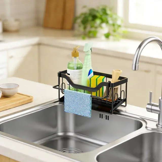 Alt view image 4 of 6 - Kitchen Sink Organizer Stainless Steel Sponge Holder with Automatic Drainage Tray and Detachable Rag Rack