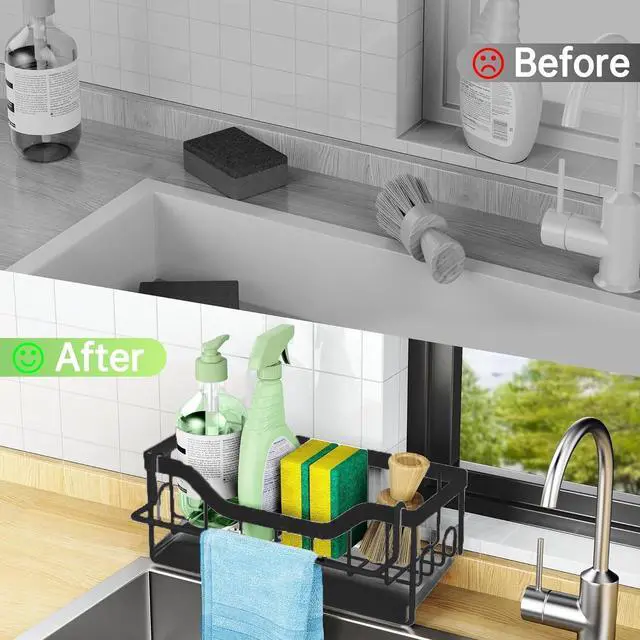 Alt view image 6 of 6 - Kitchen Sink Organizer Stainless Steel Sponge Holder with Automatic Drainage Tray and Detachable Rag Rack
