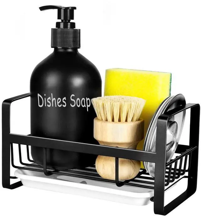 Main image of Sponge Holder for Kitchen Sink- Stainless Steel Kitchen Sink Caddy for Organizing Sponge, Brush & Soap Dish Dispenser, coutertop Organizer Rack with Adhesive or Counter top, Black