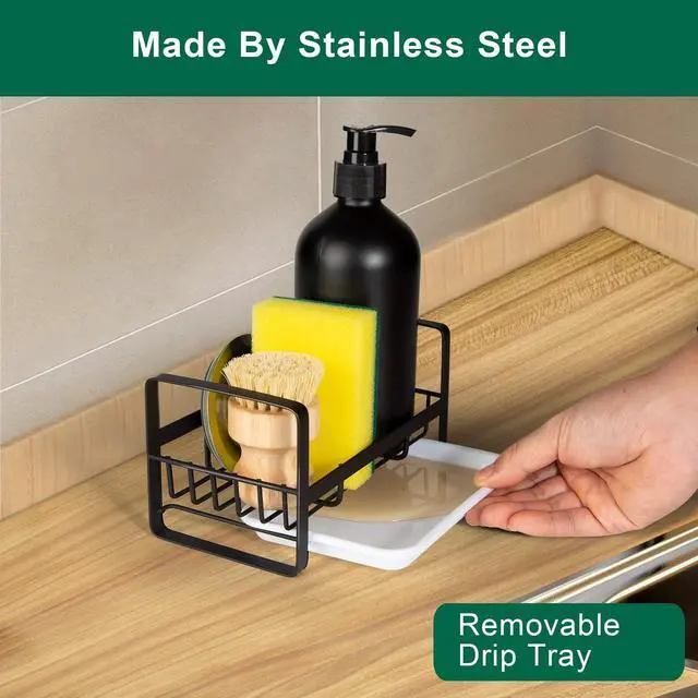 Alt view image 3 of 7 - Sponge Holder for Kitchen Sink- Stainless Steel Kitchen Sink Caddy for Organizing Sponge, Brush & Soap Dish Dispenser, coutertop Organizer Rack with Adhesive or Counter top, Black