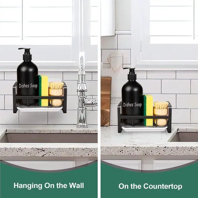 Alt view image 5 of 7 - Sponge Holder for Kitchen Sink- Stainless Steel Kitchen Sink Caddy for Organizing Sponge, Brush & Soap Dish Dispenser, coutertop Organizer Rack with Adhesive or Counter top, Black