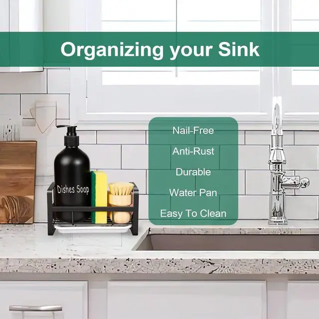 Alt view image 2 of 7 - Sponge Holder for Kitchen Sink- Stainless Steel Kitchen Sink Caddy for Organizing Sponge, Brush & Soap Dish Dispenser, coutertop Organizer Rack with Adhesive or Counter top, Black